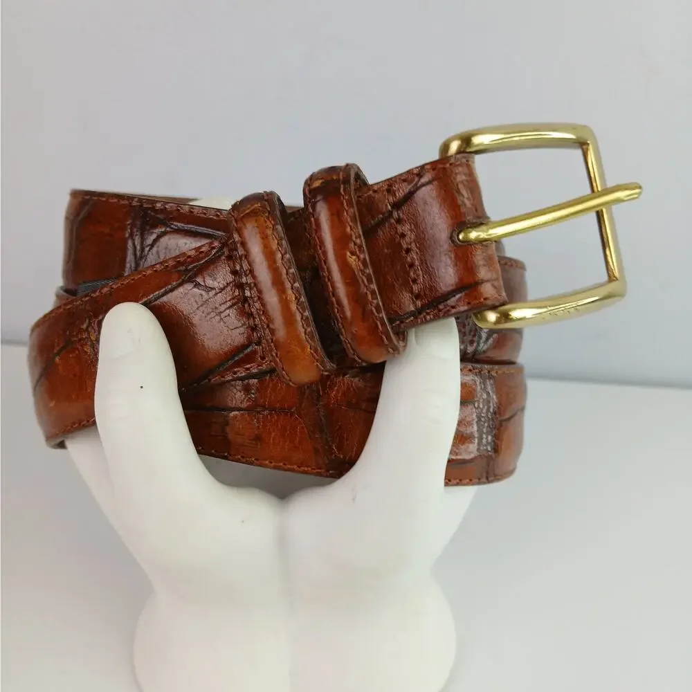 Brighton Men's SZ 36 VTG Made In The USA Croc Embossed Leather Belt Brass Buckle